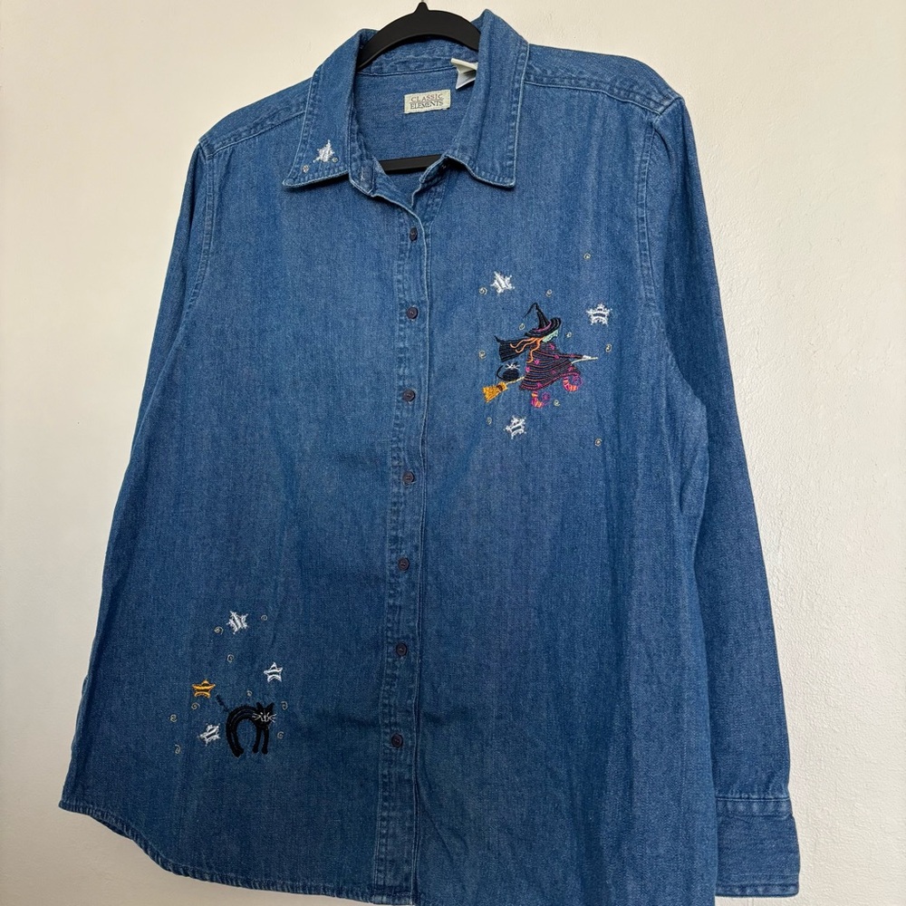 Classic Elements Embroidered Witch Black Cat Deni… - image 2